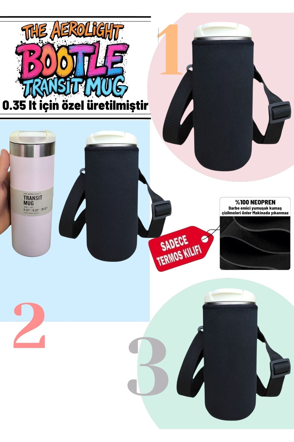 0.35 lt aerolight Transit mug neopren termos kılıfı ve Omuz Askısı