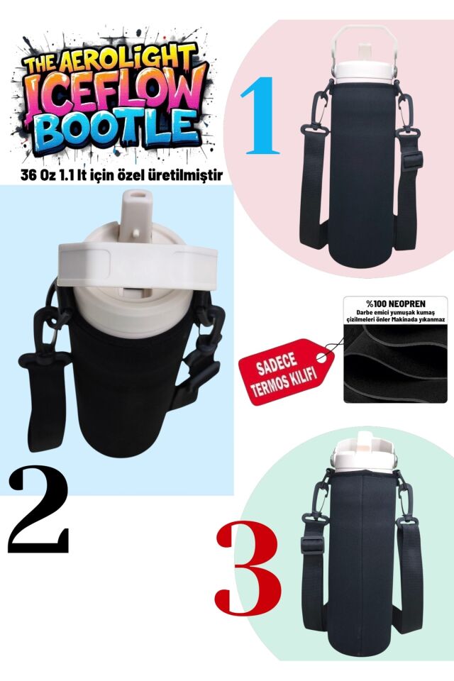 1.06 lt aerolight Iceflow BOTTLE 36 Oz neopren termos kılıfı ve Omuz Askısı