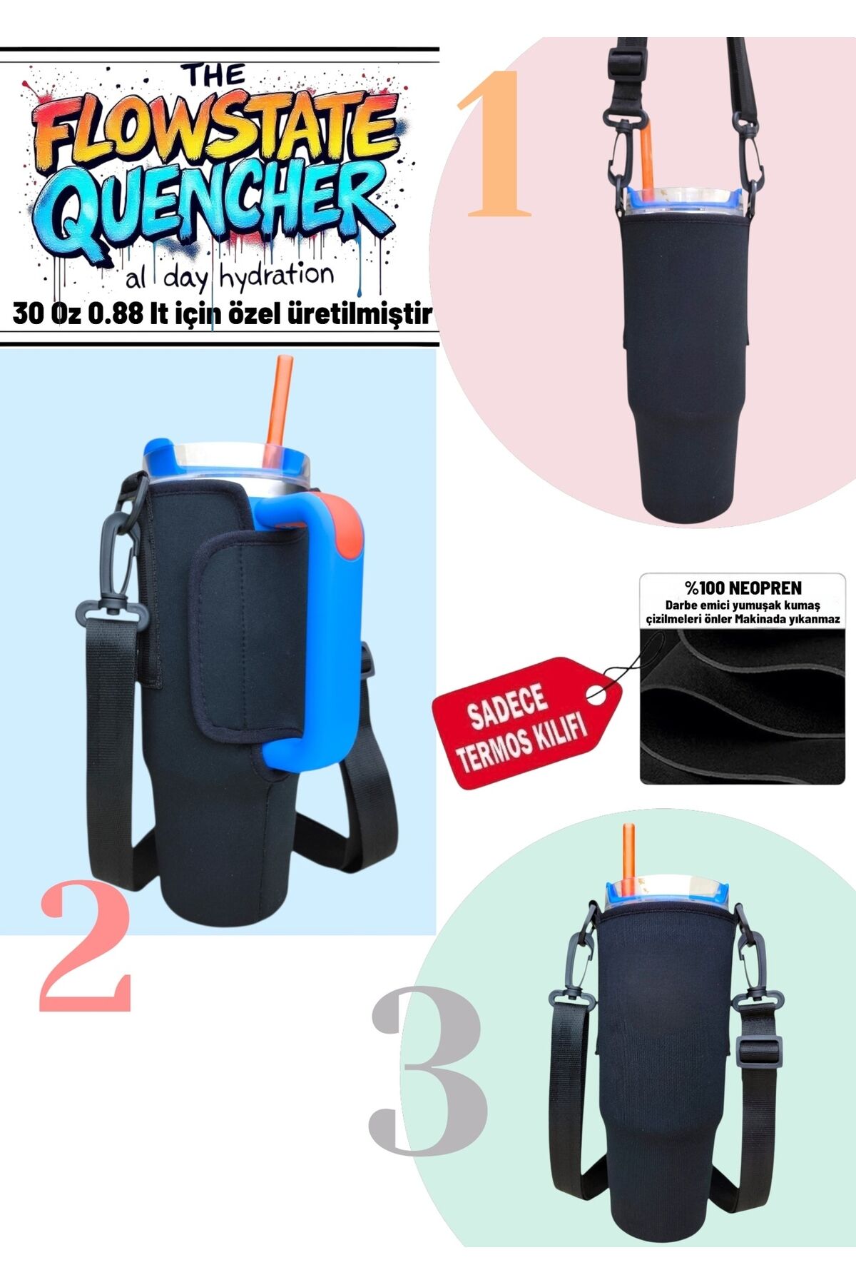 Quencher 30 Oz 887ml neopren termos kılıfı ve Omuz Askısı
