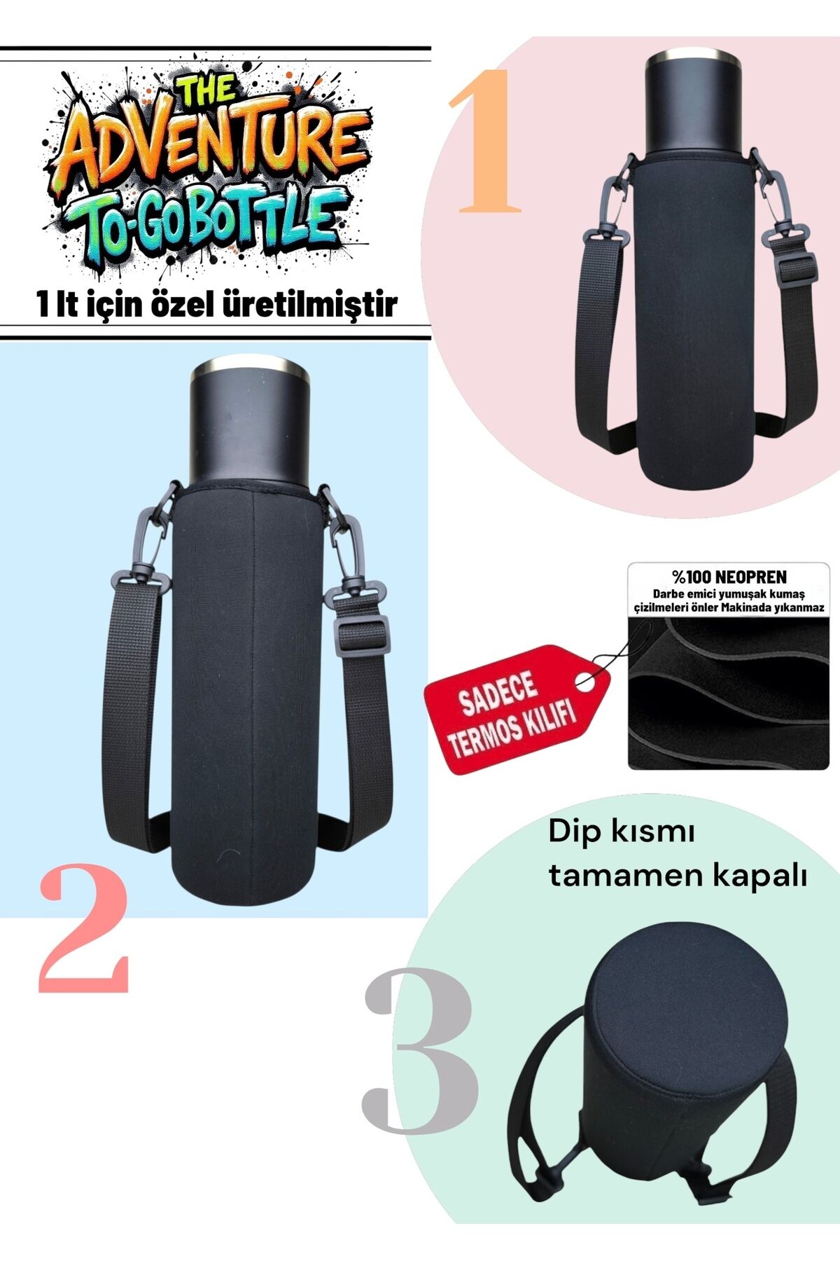 1 lt kulpsuz TO-GO BOTTLE neopren termos kılıfı ve Omuz Askısı