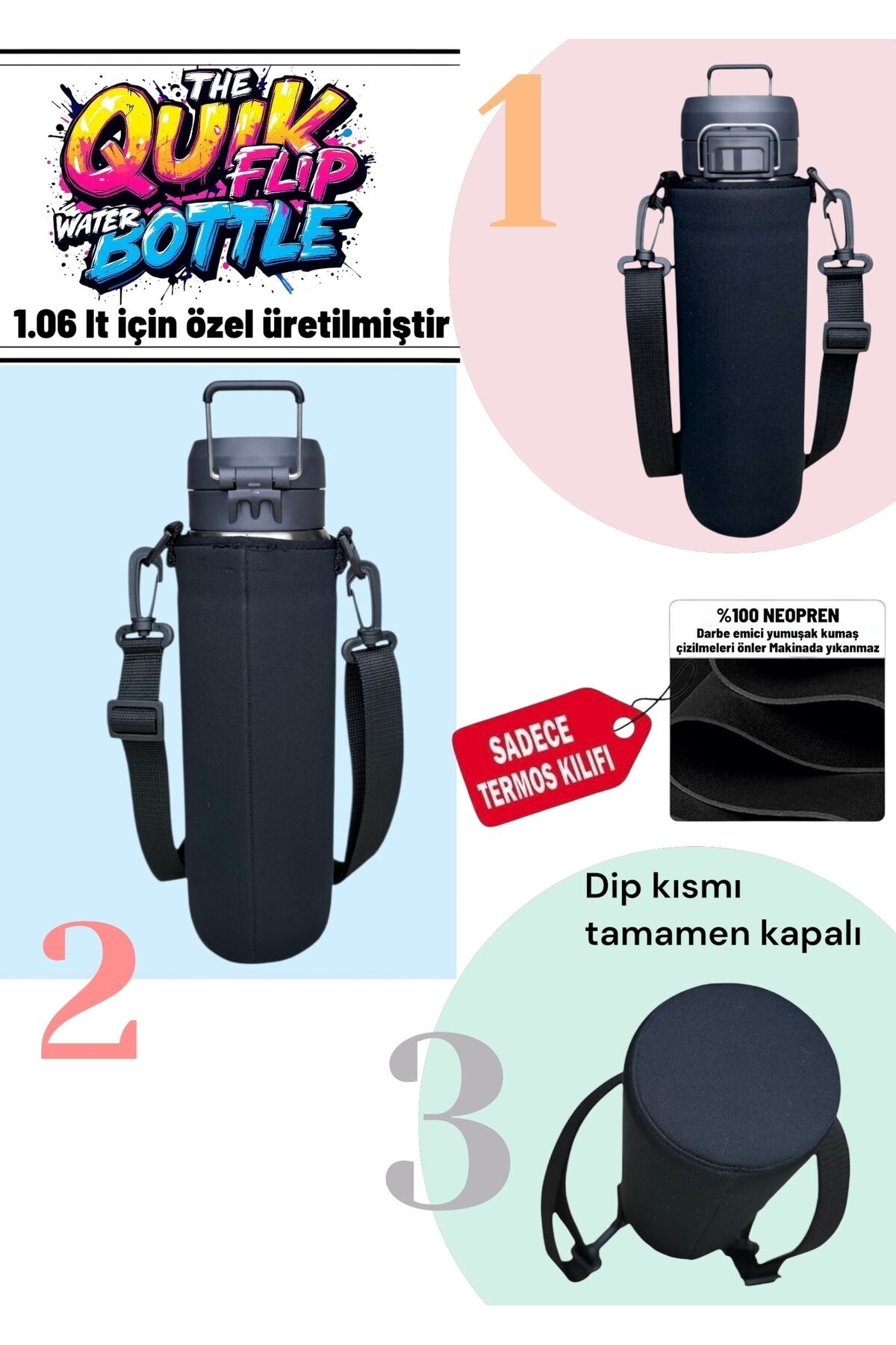 1 lt Quick Flip Neopren Termos Kılıfı Ve Omuz Askısı
