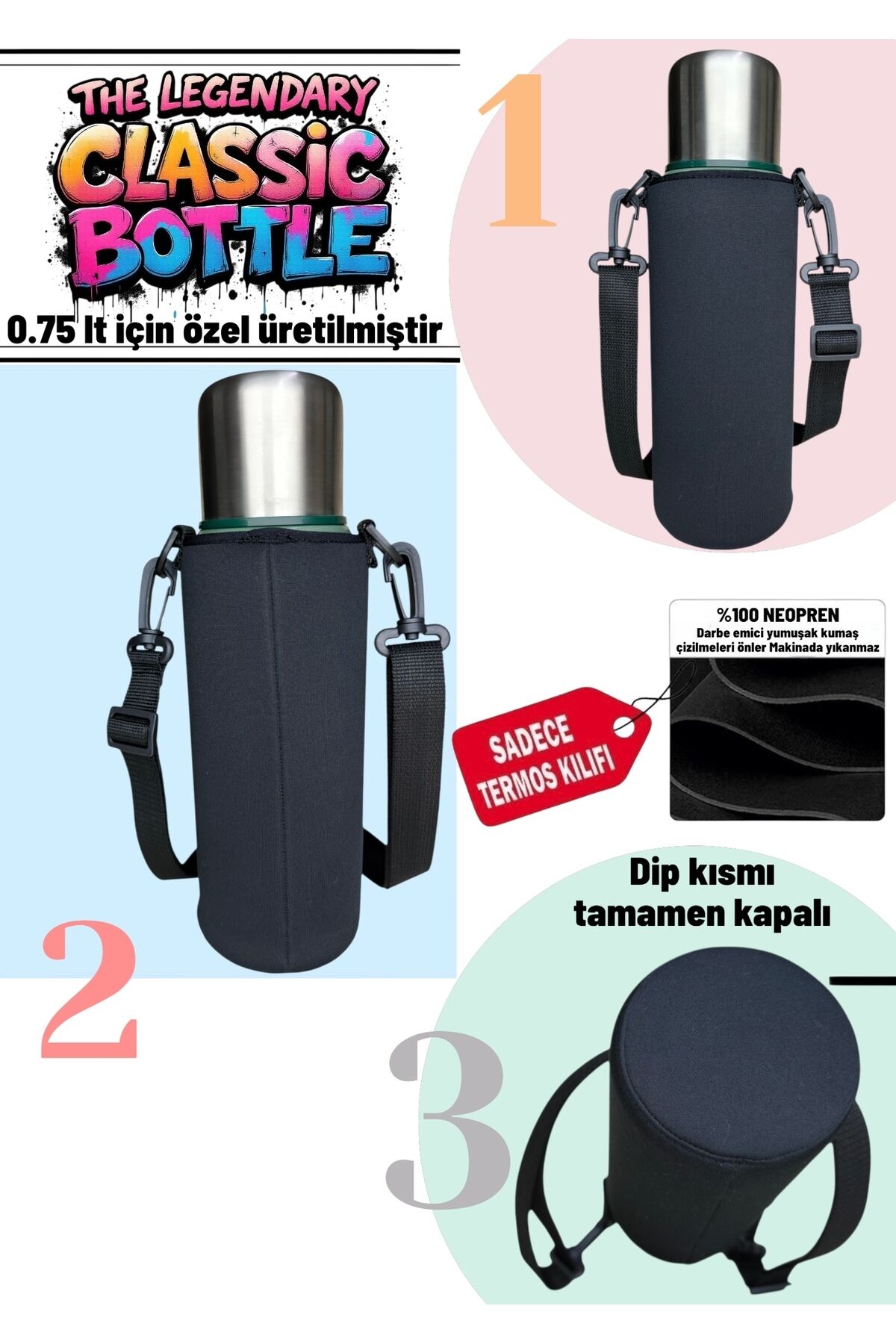 0.75 lt klasik Vakumlu Termos kılıfı ve Omuz Askısı