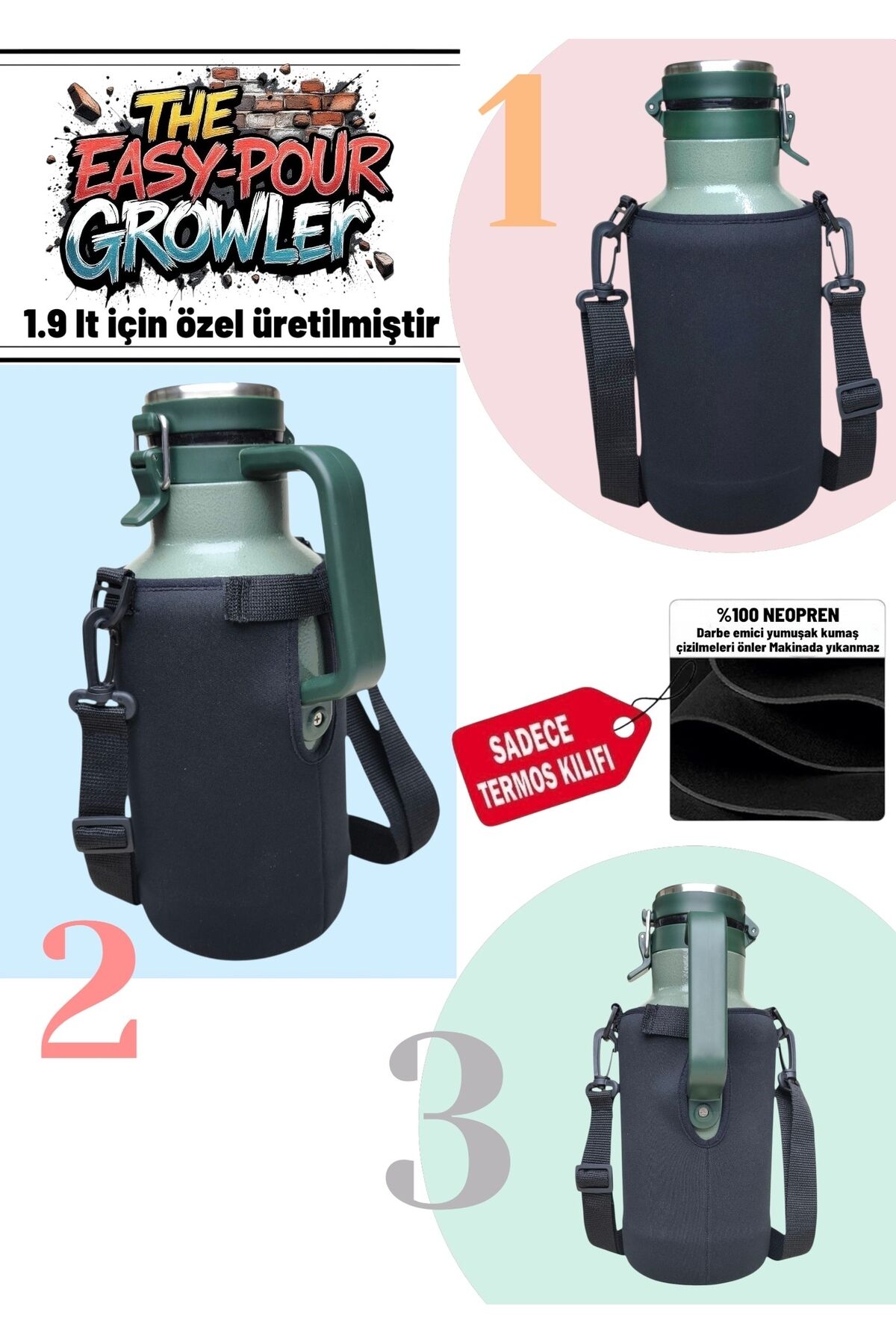 1.9 lt 64 Oz grovler The easy-pour neopren termos kılıfı ve Omuz Askısı